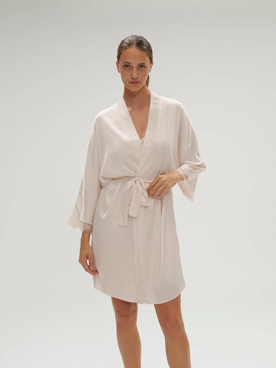 Satin Secrets Long Kimono - Sakura Pink - Image 3